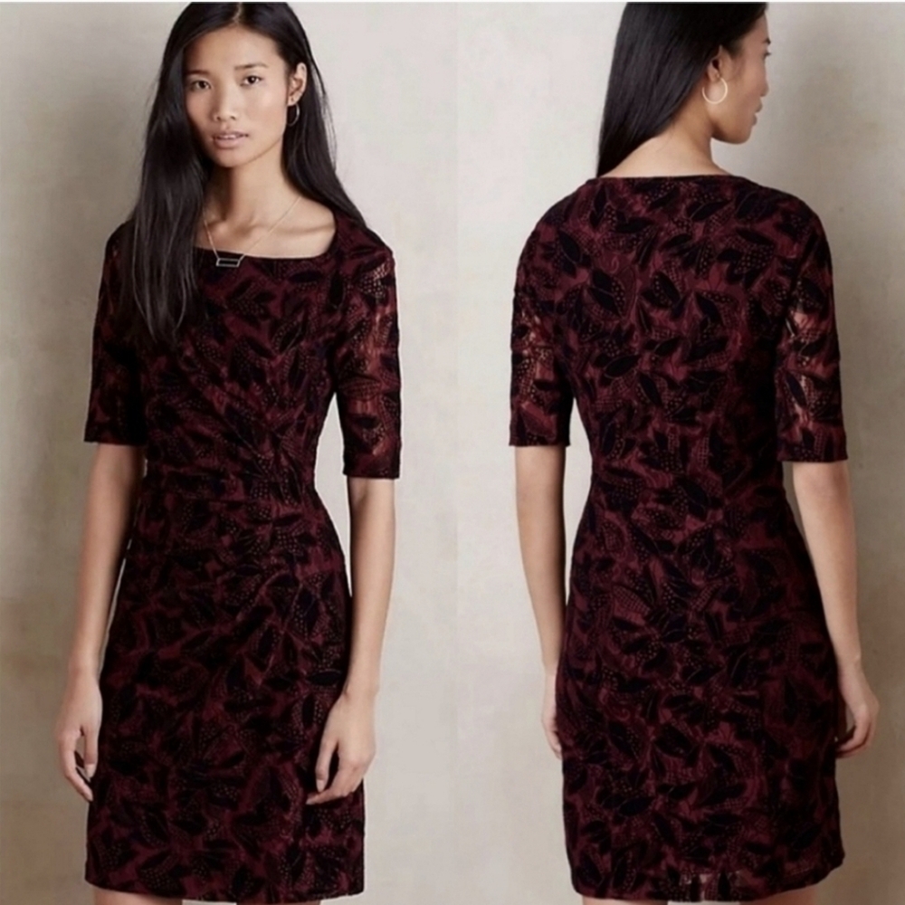 Maeve Anthropologie Elorn Burgundy Black Lace Gothic Dark Shift Dress Size 10